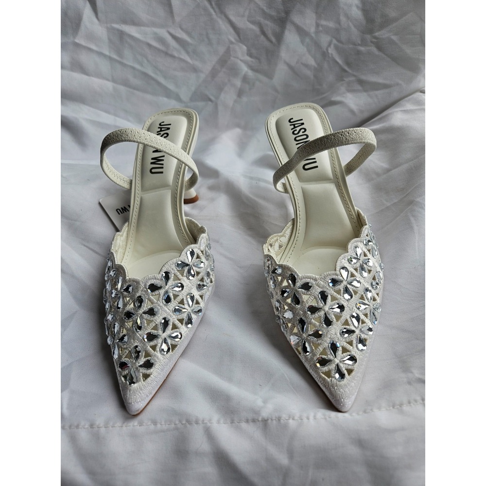 Jason Wu Women's White Pointed Toe Mule Heels Slip-On Straps Polyester 7.5
